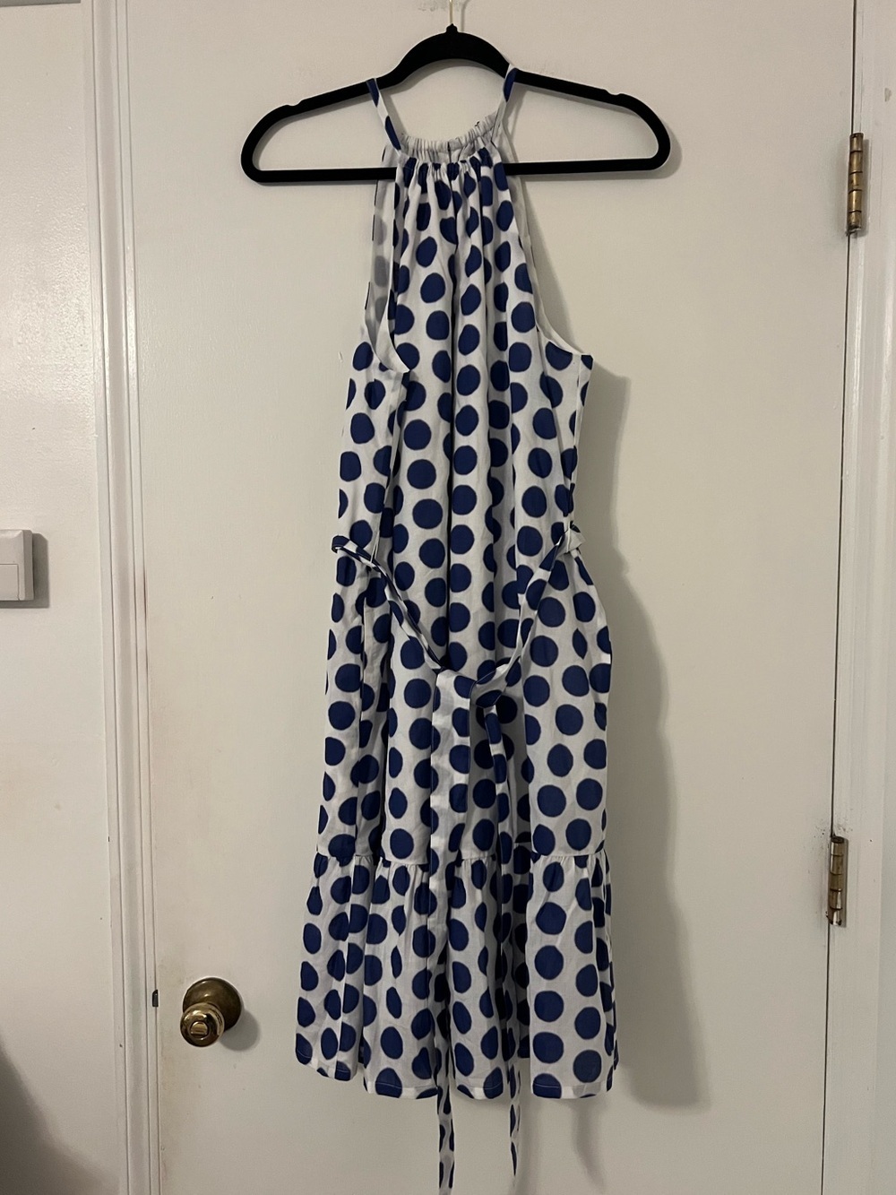Boden White Halter Midi Dress with Blue Polka Dots size 10L (Z136)